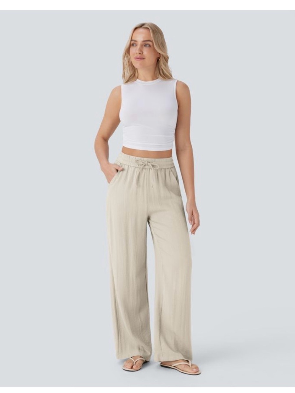 HALARA Relaxed Wide-Leg Drawstring Pants in Light Beige
